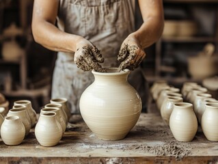 Hands shaping clay pot