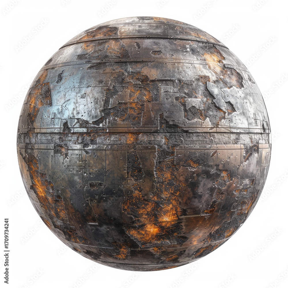 Poster grunge metal sphere with rust and damage creates a captivating image of a decaying planet