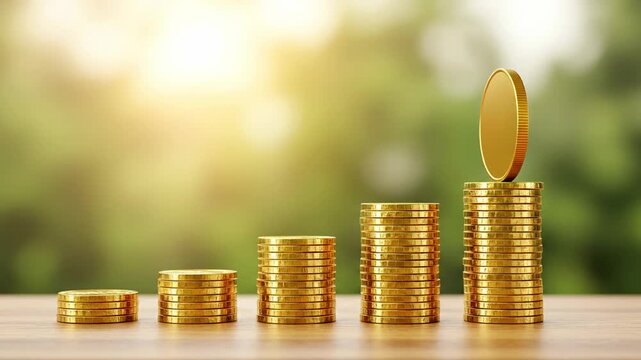 Gestapelte goldene M&uuml;nzen in aufsteigender Reihe vor gr&uuml;n-goldenem Hintergrund bei Sonnenlicht. Symbol f&uuml;r Sparen, Geldwachstum, Investitionen und Finanzen.

