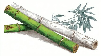 Two bamboo stalks, one light gray, one green, with foliage