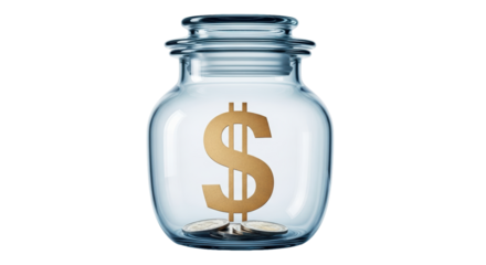 Isolated savings jar featuring money and a gold dollar sign, symbol of financial security