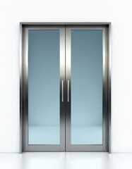 Sleek double glass doors feature brushed steel frames, handles, offering modern minimalist entranceway. Suitable for commercial residential buildings, contemporary doors provide elegant access with