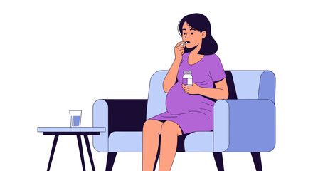 Pregnant woman taking medication while sitting on a couch.