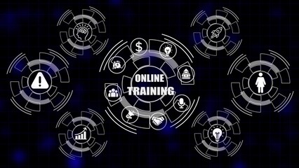 Fototapeta premium Digital online training concept with icons for learning success and business growth on dark background