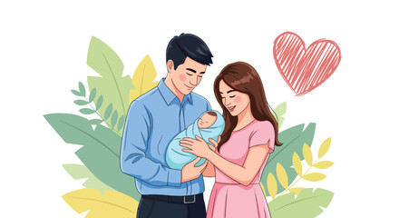 Adobe illustrator artwork vector illustration. A loving couple tenderly embraces their newborn baby, surrounded by soft foliage and a prominent heart symbol, representing family love