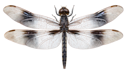 Detailed close-up of a dragonfly, wings patterned