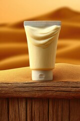 Cream tube on wooden surface, desert backdrop