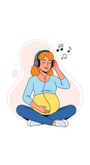 A pregnant woman sits cross-legged, wearing headphones and listening to music, with her eyes closed in a state of relaxation.