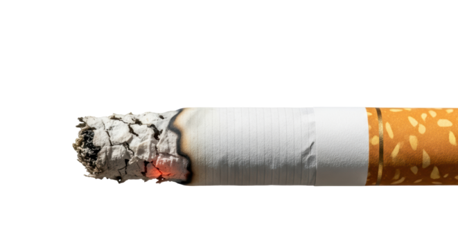 Isolated ashtray with cigarette, burning cigarette butt, nicotine and cigarette smoke filter