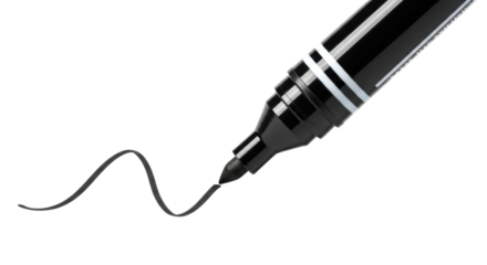 Isolated black permanent marker drawing a curved line on paper, office supply item tool
