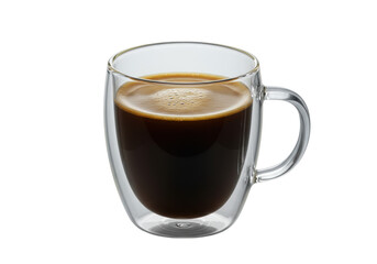 Clear double-walled borosilicate glass mug with rich dark black coffee and golden crema, isolated on a transparent studio background, close-up macro, sharp focus. Concept for premium coffee