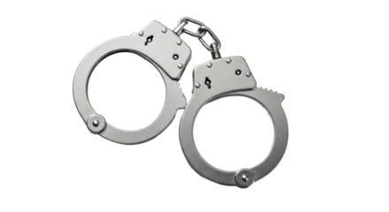 Isolated pair of metal handcuffs used by law enforcement, criminal justice system equipment