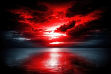 Fiery red sunset over a dark sea, dramatic clouds