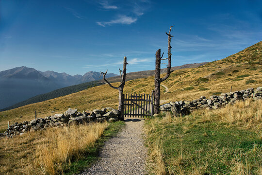 Rustic wooden gate made of tree trunks in the foreground with a hiking trail leading into the alpine mountains in the Ultental near Merano and Bolzano, South Tyrol, Italy, under a clear blue sky