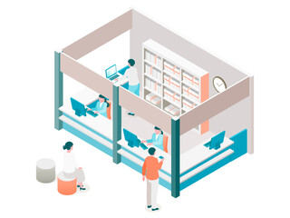Isometric illustration of a hospital or nursing home reception with staff, visitors, and a medical records counter