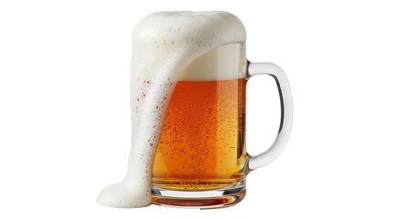 Isolated frosty mug of golden beer overflowing with creamy white foam, ready to drink