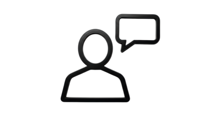 Isolated user icon with speech bubble, black outline, person discussing, community feedback