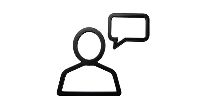Isolated user icon with speech bubble, black outline, person discussing, community feedback