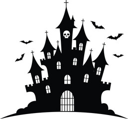 Scary haunted castle silhouette with bats flying in spooky night sky, Halloween vector illustration perfect for horror themes and decorations.