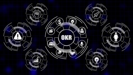 Obraz premium O K R Objectives and Key Results business strategy icons arranged in a circular diagram on a dark blue background