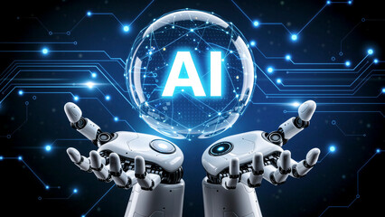 The luminous spherical AI is suspended between a pair of open robot hands