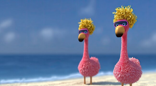 Two pink fluffy cartoon flamingos with yellow curly hair and sunglasses on a sandy beach, ocean background
