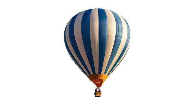 Isolated hot air balloon with blue and white stripes ascends into the sky, aeronautics