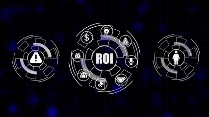 Return on Investment concept with icons for finance risk people and success on dark blue background money