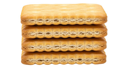 Isolated stack of four square cookies, side view, golden biscuits ready for dessert time