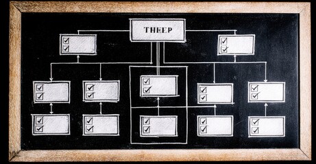 A diagram drawn on a dark chalkboard, showing hierarchical structure with boxes and lines