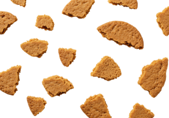 Brown cookie crumbs, fine to chunky, scattered on pristine matte white background, extreme macro, top-down, shallow depth of field, soft studio light, concept for baking and food styling