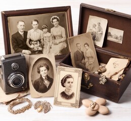 Vintage photographs, a camera, and jewelry in a wooden box, representing a collection of old memories