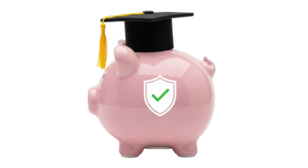 Isolated pink piggy bank with graduation cap and shield logo, financial security concept