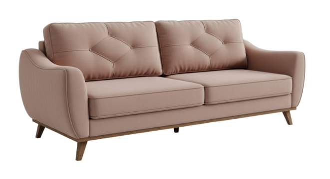 Isolated dusty-rose fabric sofa. Two-seater couch with button-tufted back cushions and arms