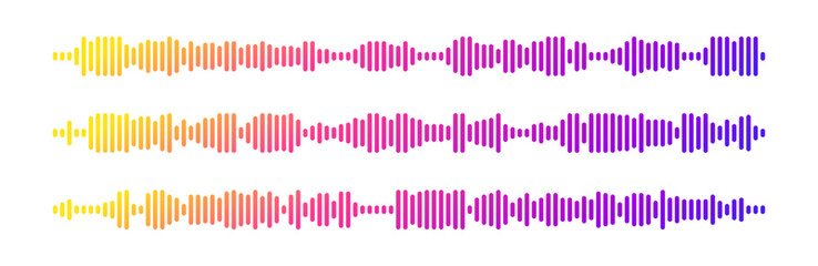 Rainbow soundwave patterns for podcast audio with radio voice and music visualization elements. Colorful gradient frequency bars display from yellow, pink and purple for digital recording interface.