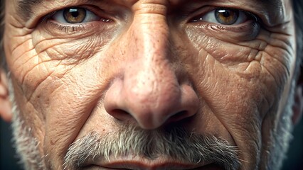 Closeup portrait of an elderly mans face, showing deep wrinkles and a weathered expression, conveying wisdom and life experience.