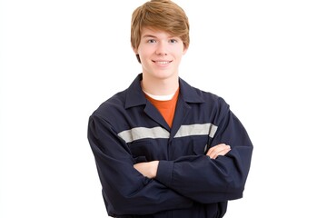 Young man in work overalls, arms crossed, smiling