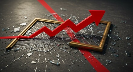 Red arrow breaking through a golden frame symbolizing market crash financial crisis or economic downturn concept for business failure