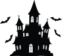 Scary haunted house silhouette with flying bats and spooky atmosphere, perfect for Halloween decorations, party invitations, posters, and backgrounds.