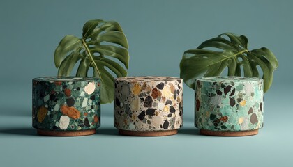 Three round, terrazzo-like pedestals,  decorated with various colors, sit on a teal background with tropical foliage