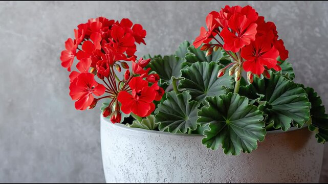 Bright red geranium flowers blooming in white pot against gray wall. Concept of beauty in simplicity