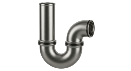 Isolated chrome-colored pipe in a U-shape configuration for plumbing and drainage purposes