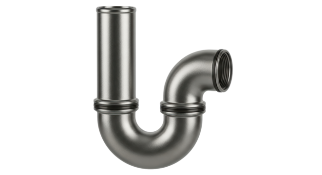 Isolated chrome-colored pipe in a U-shape configuration for plumbing and drainage purposes