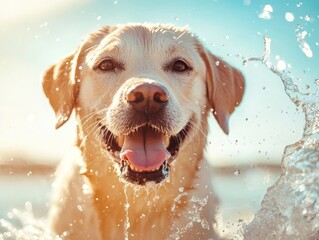 Happy dog playing in water