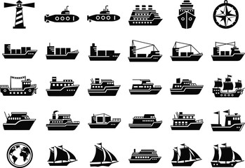 Maritime silhouette icons, ship vector set, nautical transport, cruise, cargo, fishing boat, submarine, lighthouse, compass, globe, sailing, yacht, ferry © Farzana