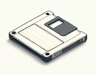 Retro floppy disk illustration. Old computer storage media, black and white plastic object. Digital memory backup device for information. Vintage technology for business and office use.