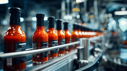 Close-up of tomato sauce bottles on a stainless steel conveyor belt in a factory, concept for food industry production, automated manufacturing and quality control processes