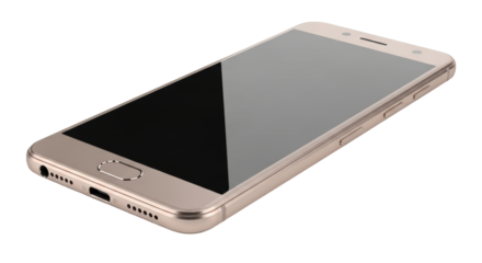 Isolated gold smartphone lying flat with blank screen, smart device for modern lifestyle
