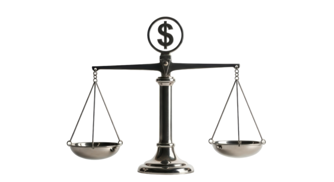 Isolated antique balance scales, justice measuring, weighing economic value symbol