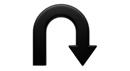 Isolated black turn arrow, direction sign in a U-shape pointing down, representing return